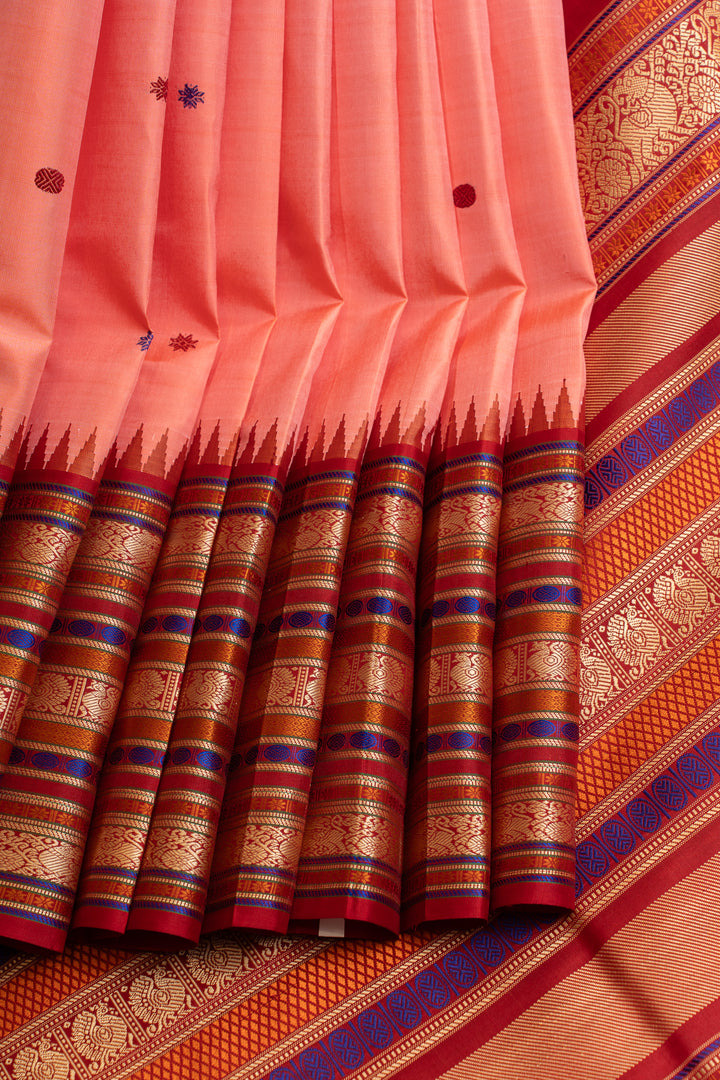 Lotus pink and red threadwork pure Kanchipuram silk saree
