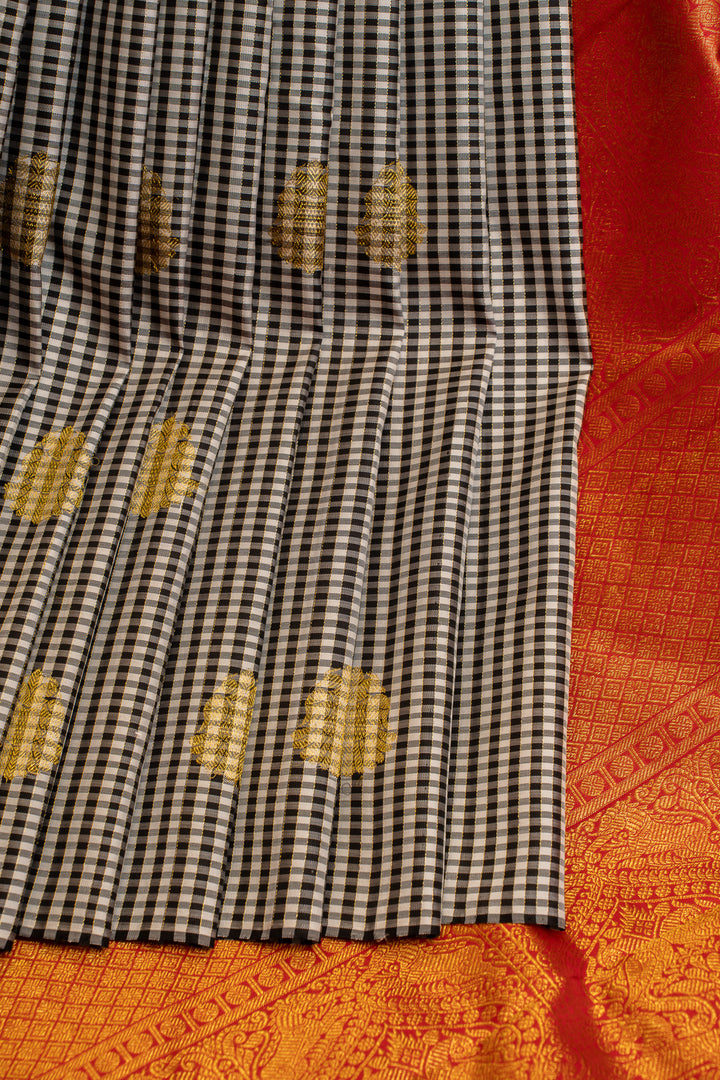 Black and white borderless checks pure Kanchipuram silk saree