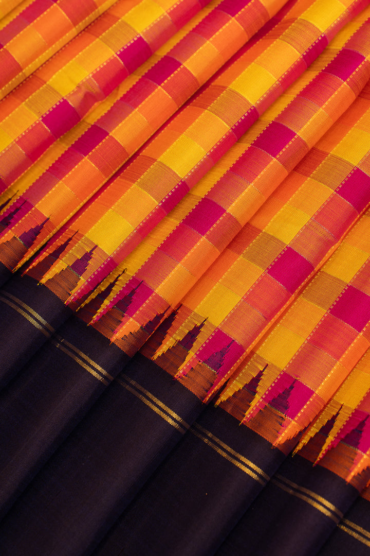 Orange multi checks pure Kanchipuram silk saree