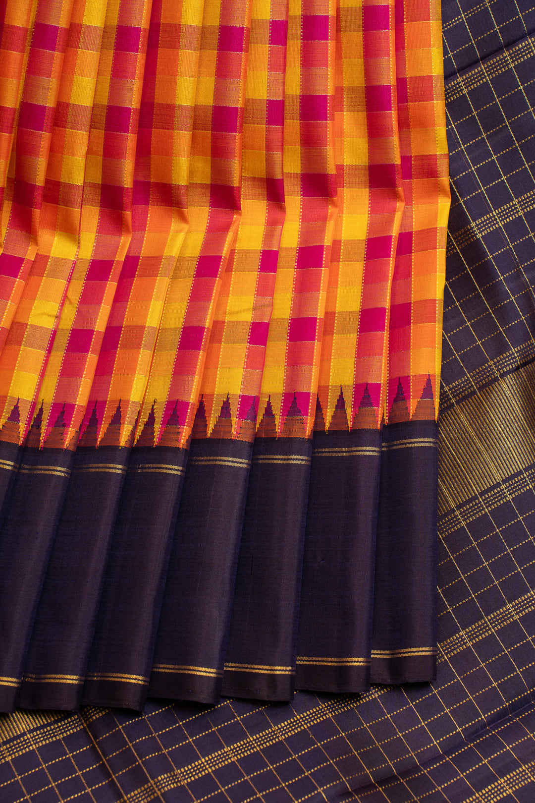 Orange multi checks pure Kanchipuram silk saree