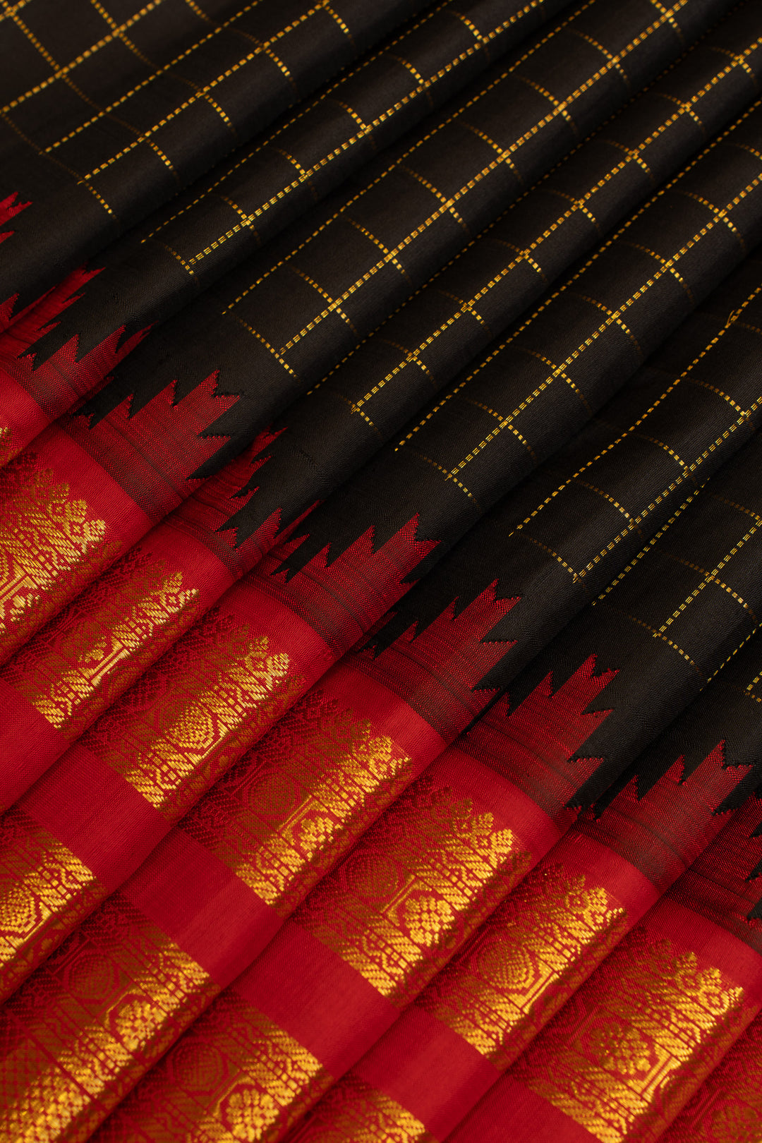 Black and red multi checks pure Kanchipuram silk saree