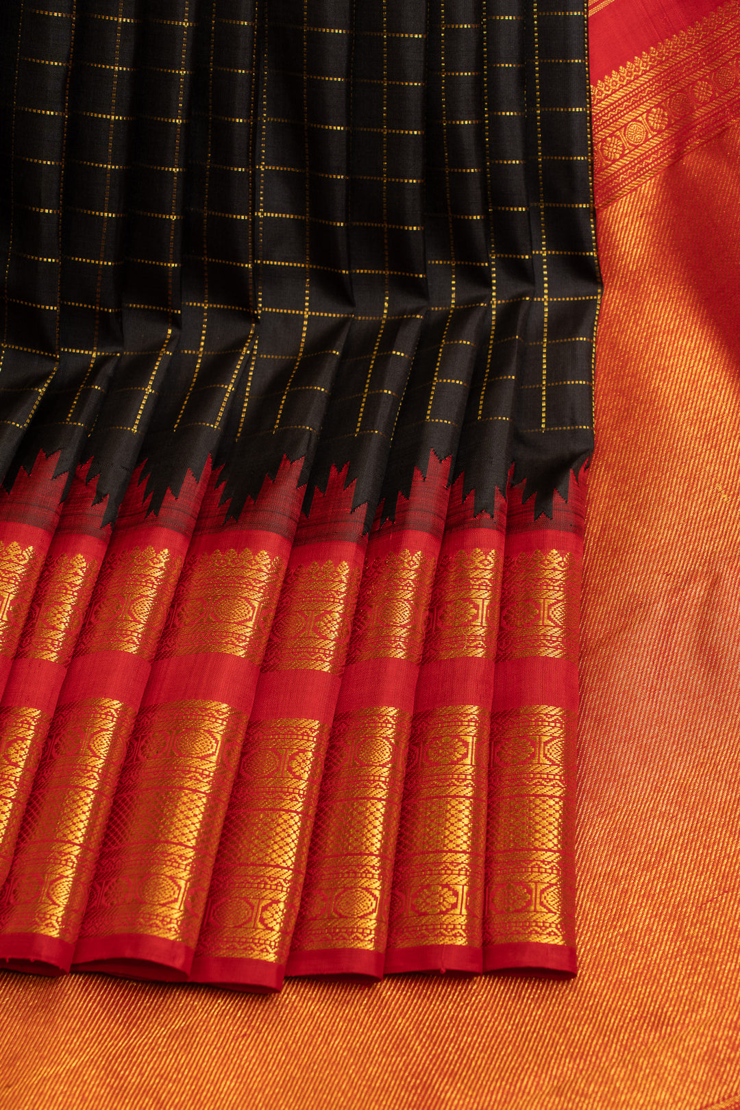 Black and red multi checks pure Kanchipuram silk saree