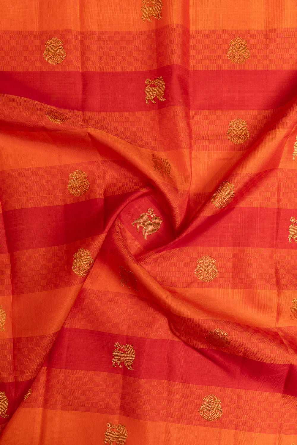 Reddish orange mat checks pure Kanchipuram silk saree