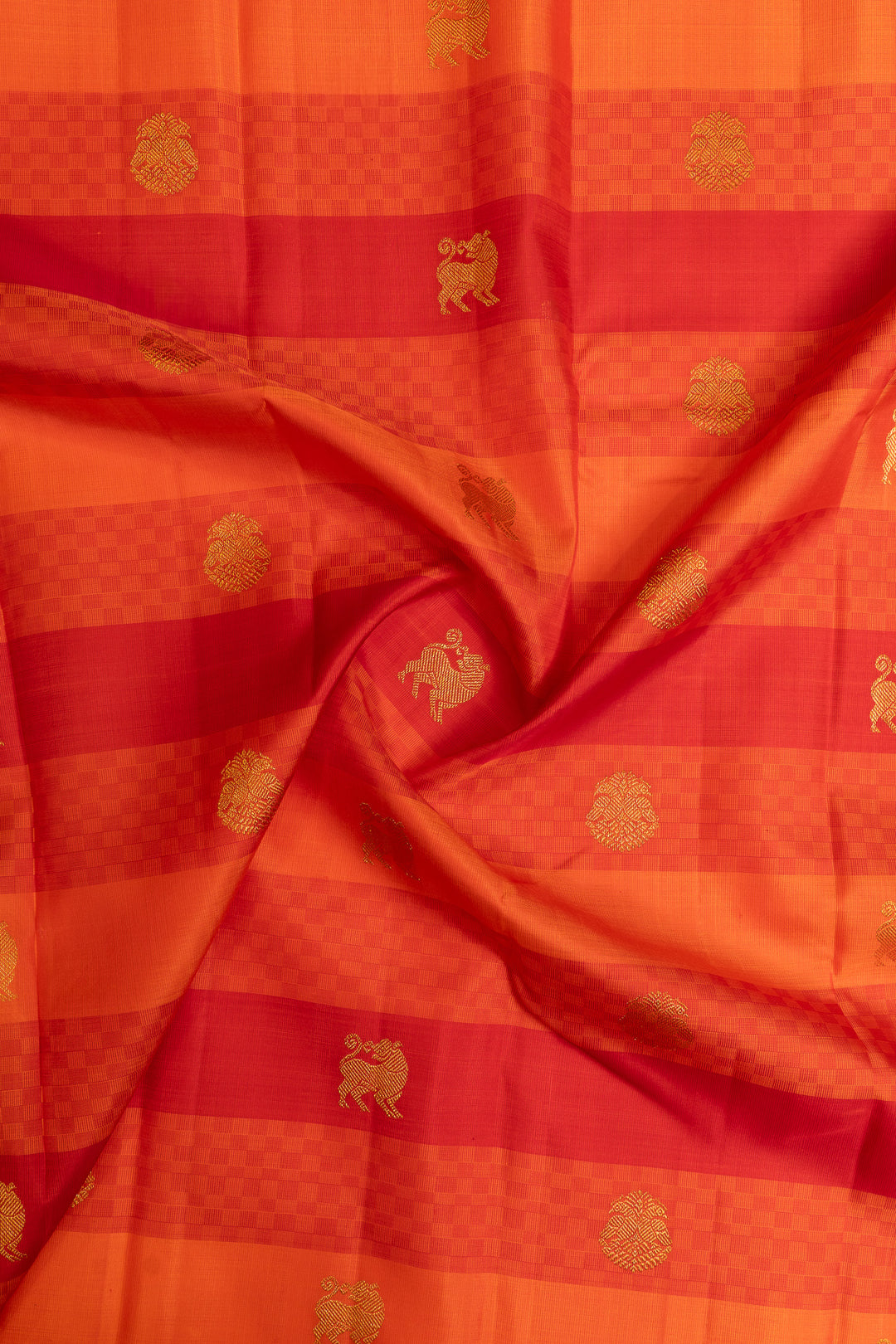 Reddish orange mat checks pure Kanchipuram silk saree