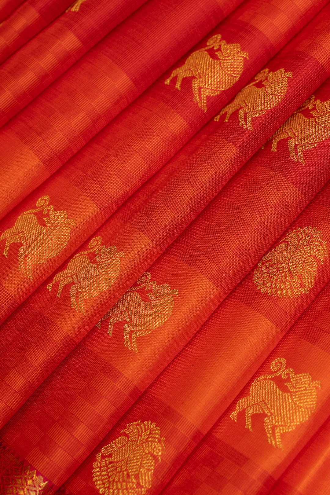 Reddish orange mat checks pure Kanchipuram silk saree