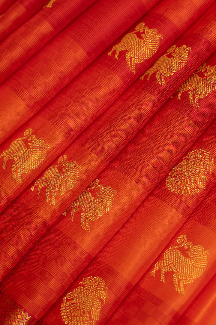 Reddish orange mat checks pure Kanchipuram silk saree