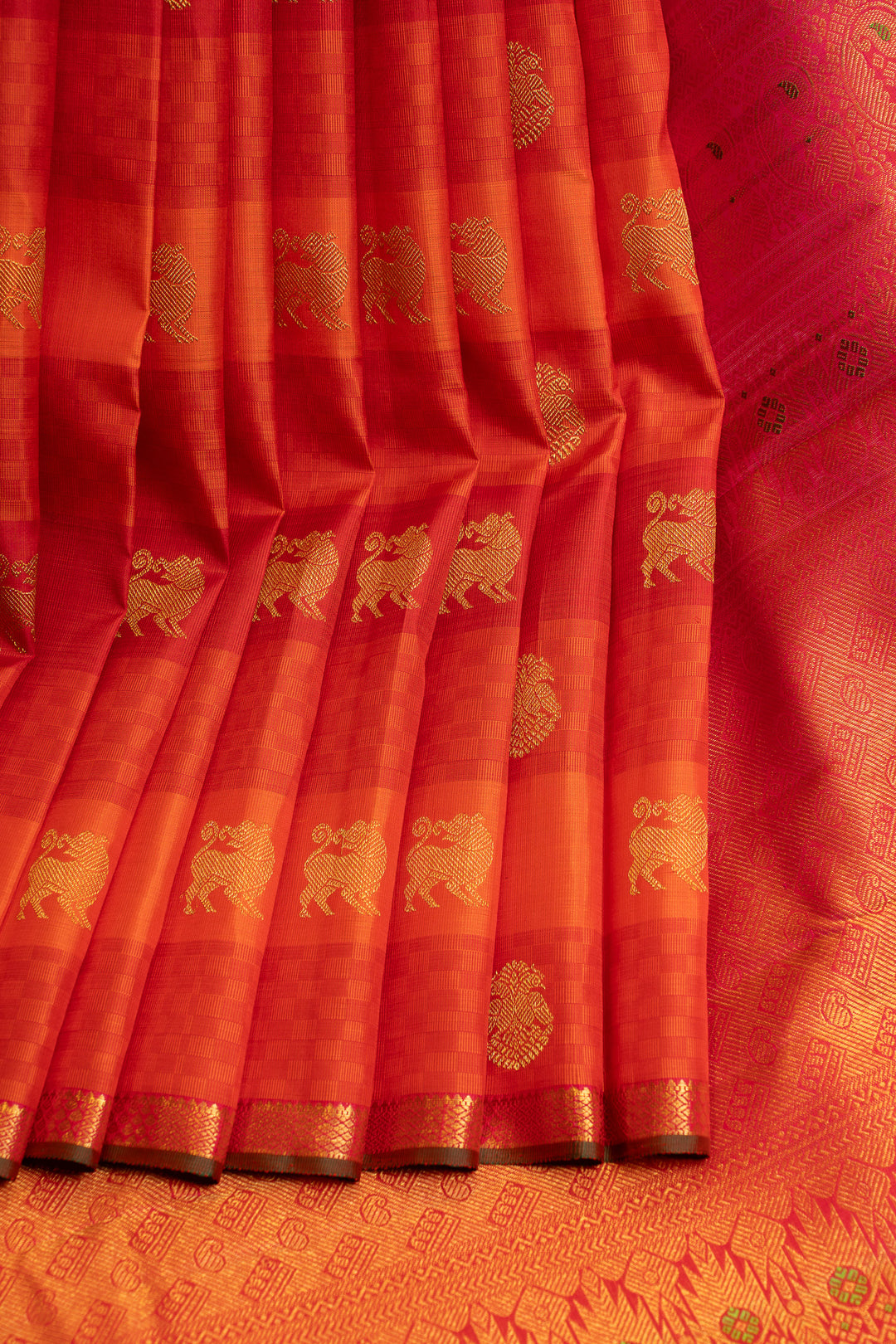 Reddish orange mat checks pure Kanchipuram silk saree