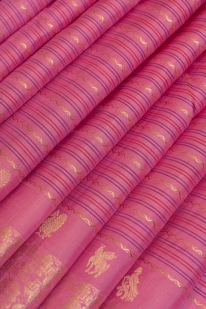 Lotus pink neli stripes pure Kanchipuram silk saree