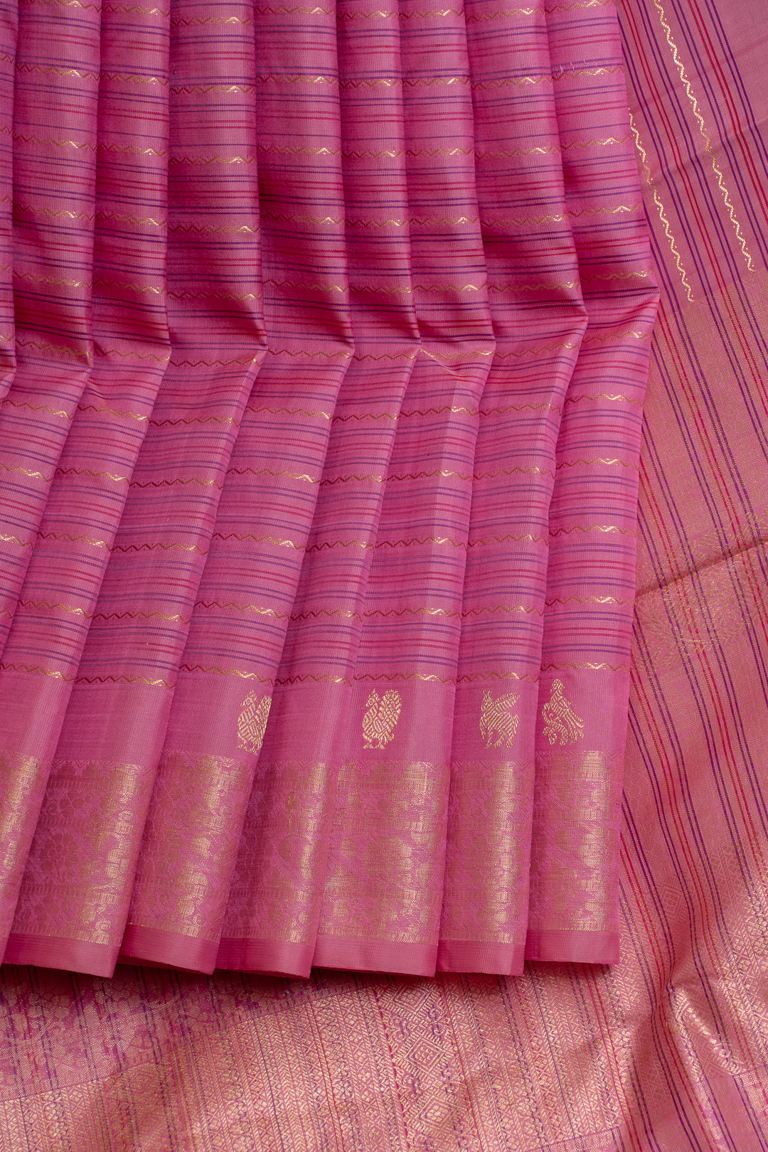 Lotus pink neli stripes pure Kanchipuram silk saree