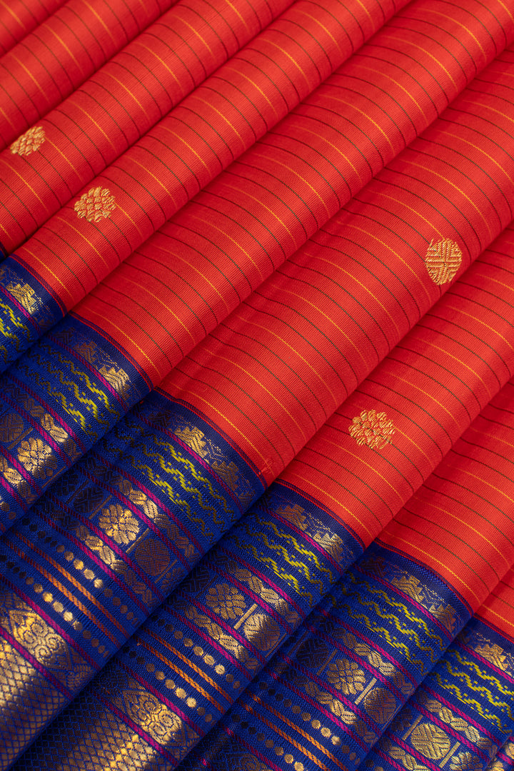 Red and MS blue varisaipettu pure Kanchipuram silk saree