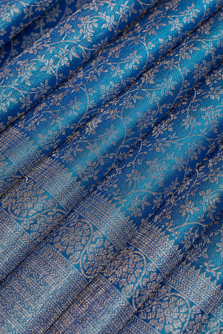 Peacock blue floral brocade pure Kanchipuram silk saree