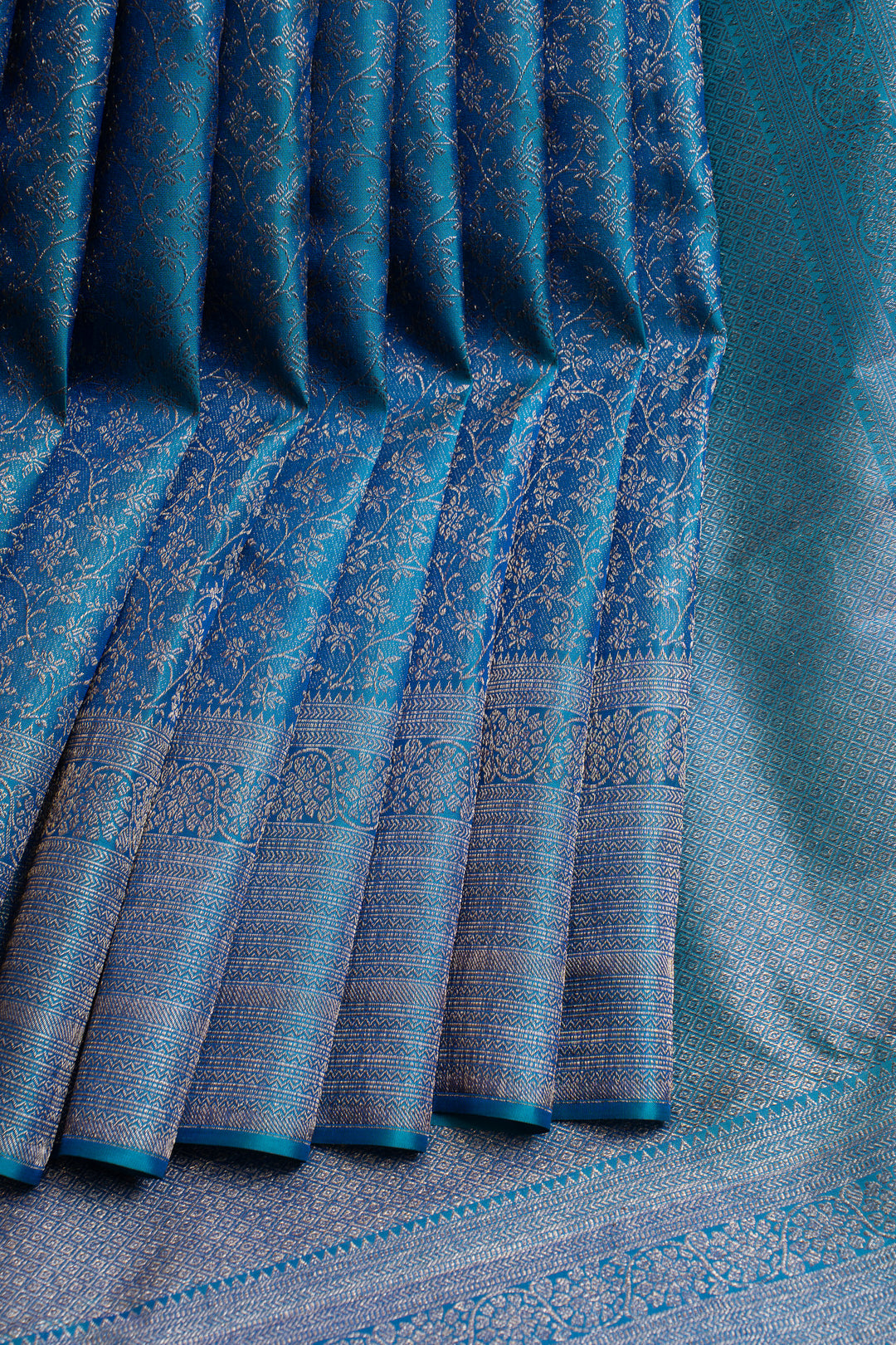 Peacock blue floral brocade pure Kanchipuram silk saree