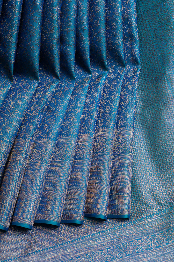 Peacock blue floral brocade pure Kanchipuram silk saree