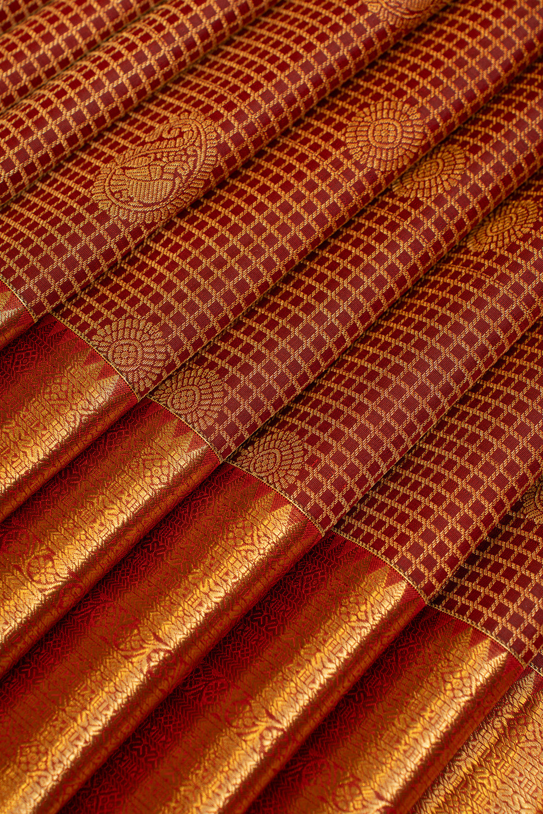 Maroon zari checks brocade pure Kanchipuram silk saree