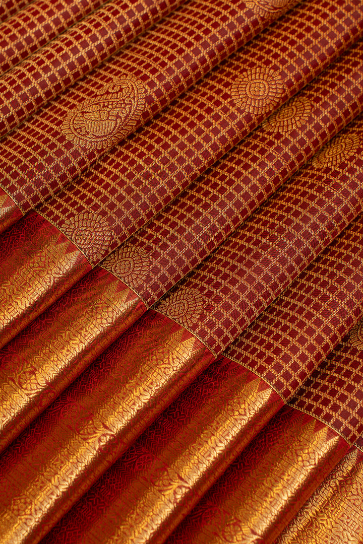 Maroon zari checks brocade pure Kanchipuram silk saree