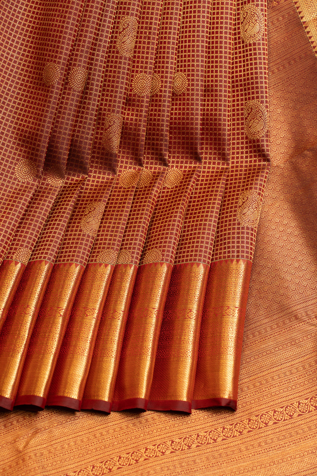 Maroon zari checks brocade pure Kanchipuram silk saree