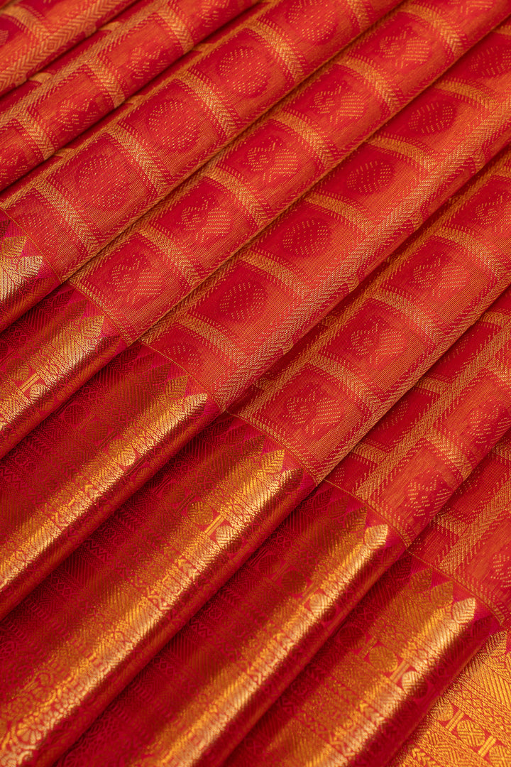 Reddish orange checks brocade pure Kanchipuram silk saree