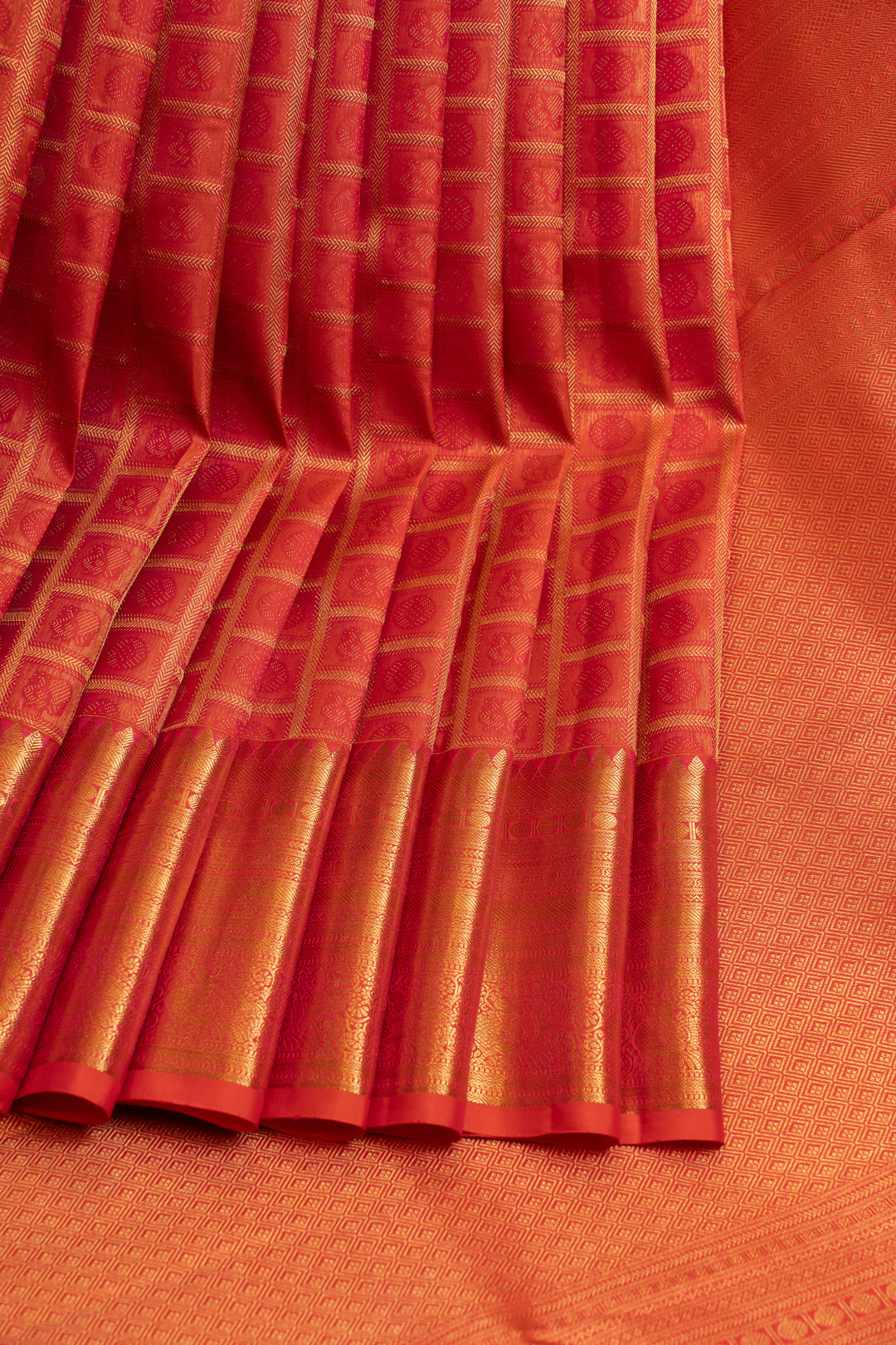 Reddish orange checks brocade pure Kanchipuram silk saree