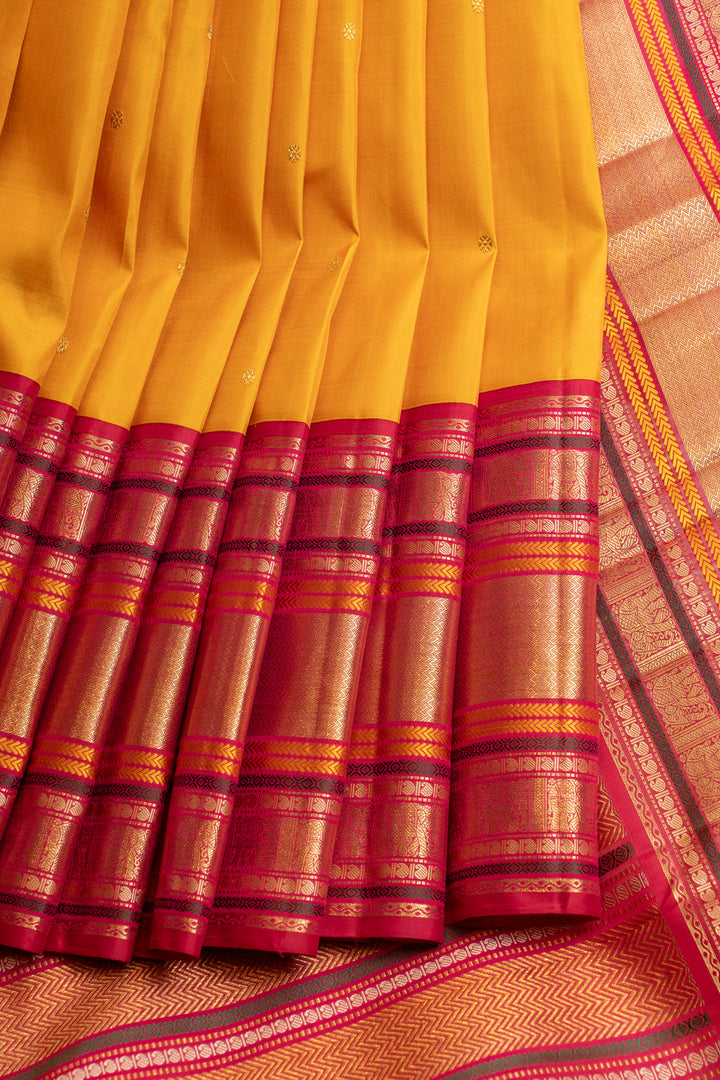 Yellow and pink Varisaipettu  pure Kanchipuram silk saree