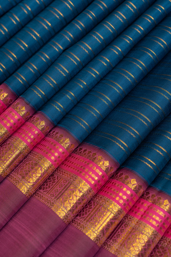 Vintage blue double stripes pure Kanchipuram silk saree