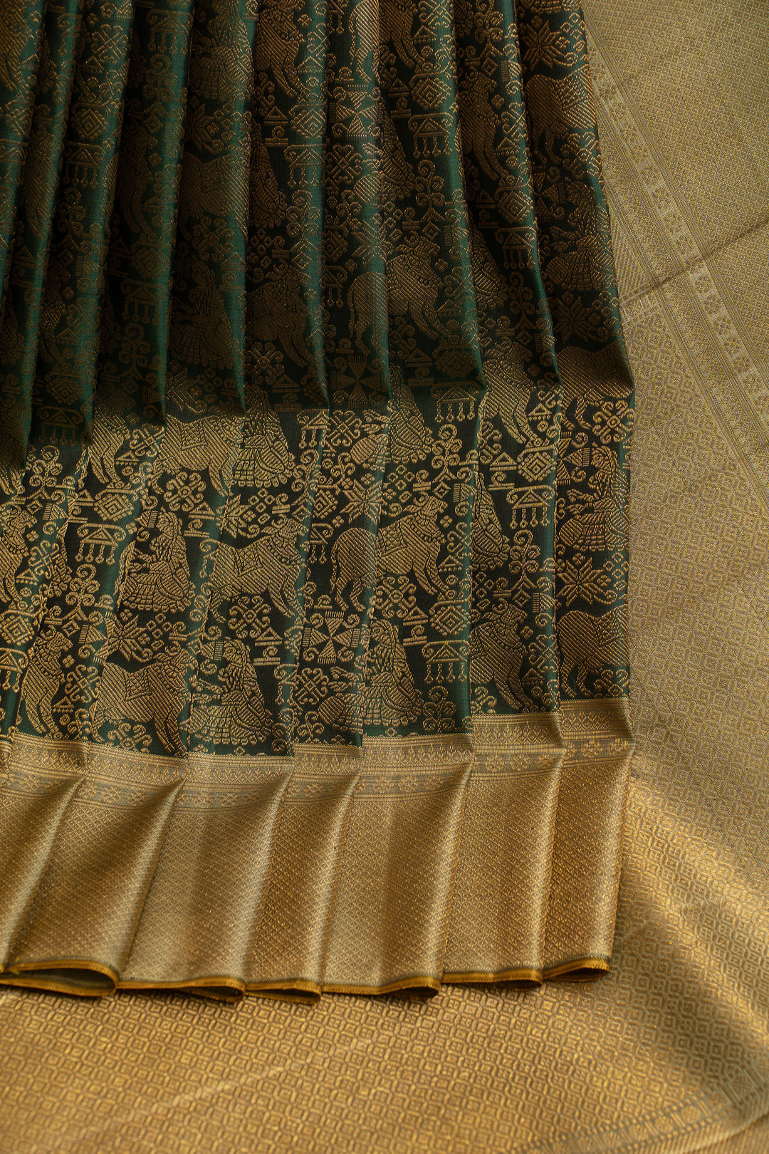 Bottle green Pichwai brocade pure Kanchipuram silk saree