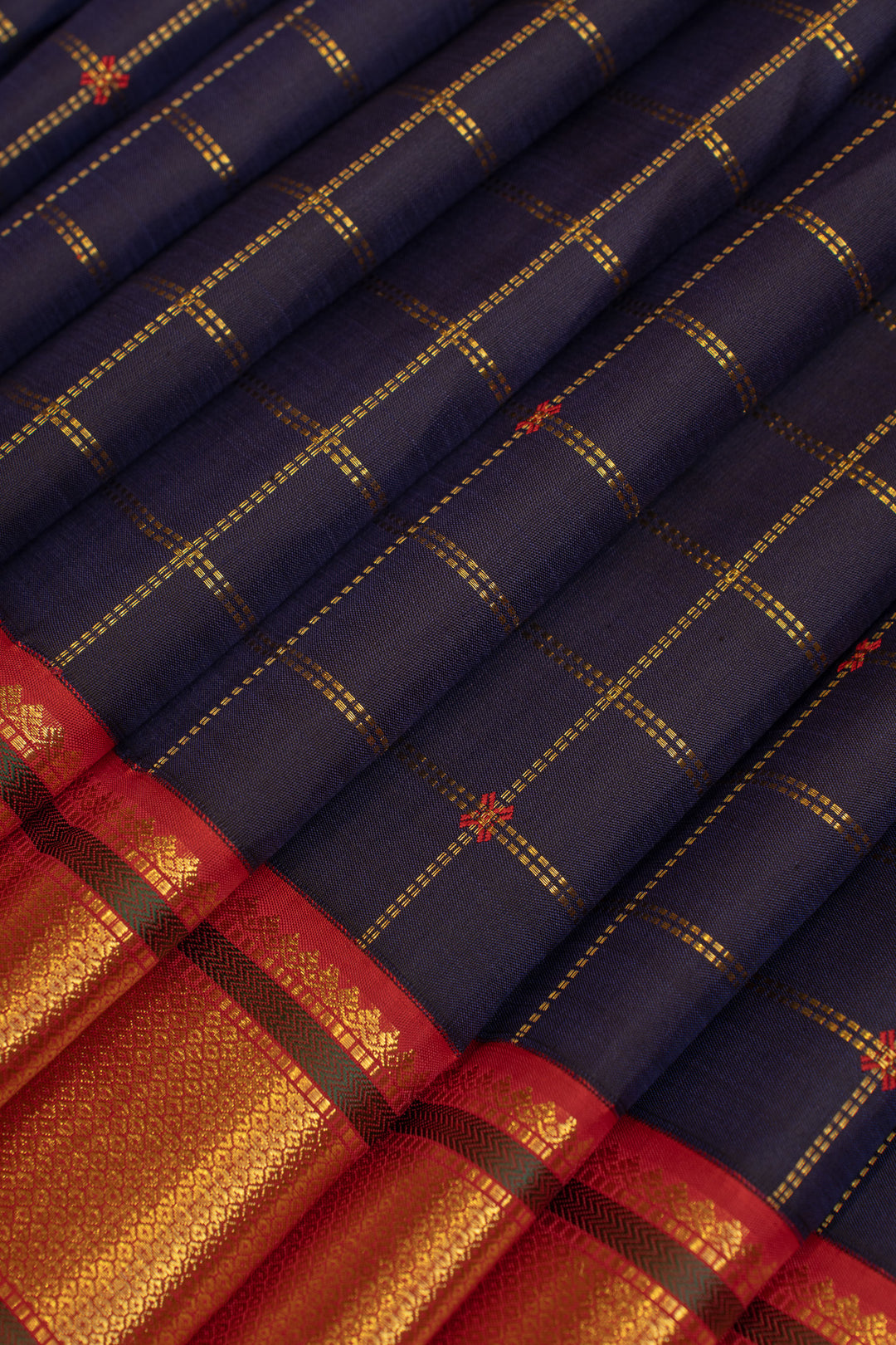Navy blue and red zari checks pure Kanchipuram silk saree