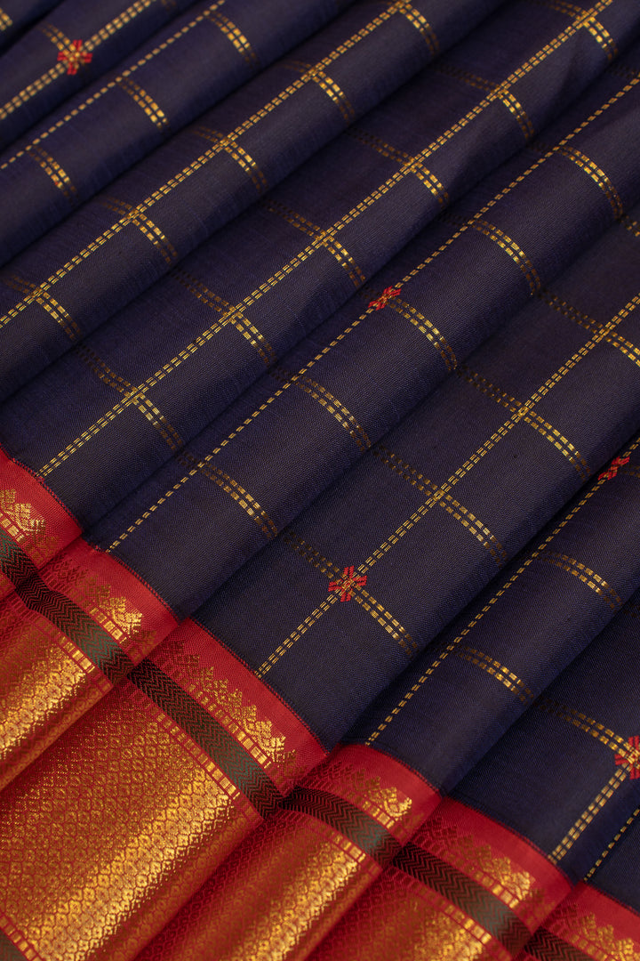 Navy blue and red zari checks pure Kanchipuram silk saree