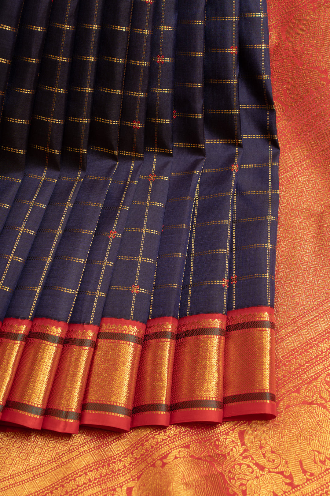 Navy blue and red zari checks pure Kanchipuram silk saree