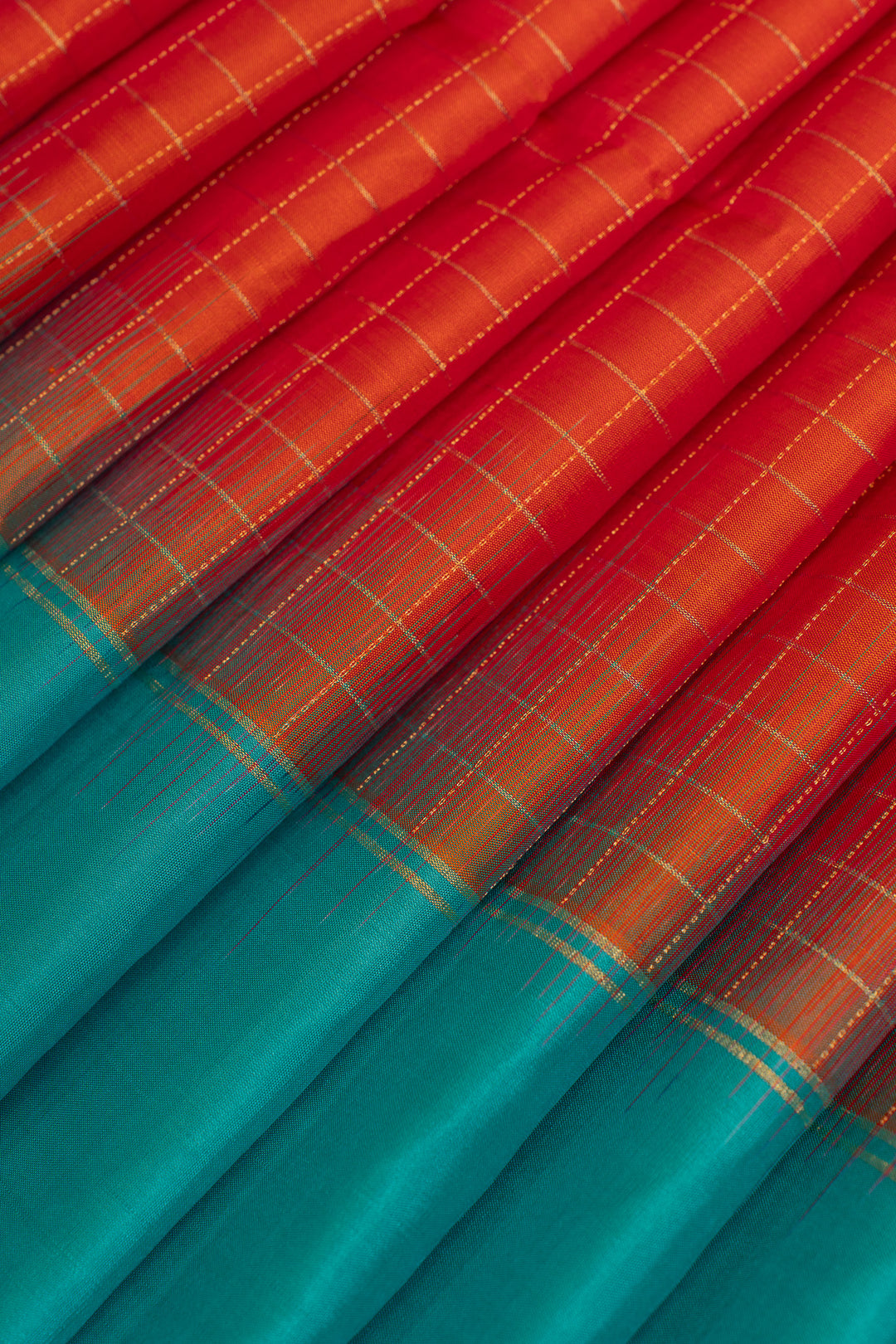 Orange and blue zari checks pure soft silk saree