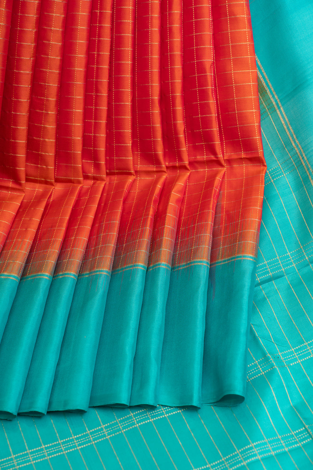 Orange and blue zari checks pure soft silk saree