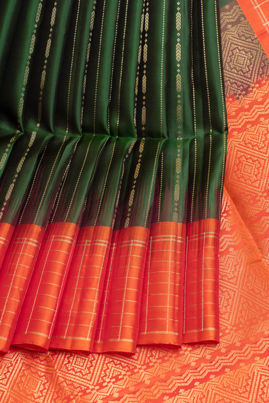 Bottle green and orange pure soft silk saree