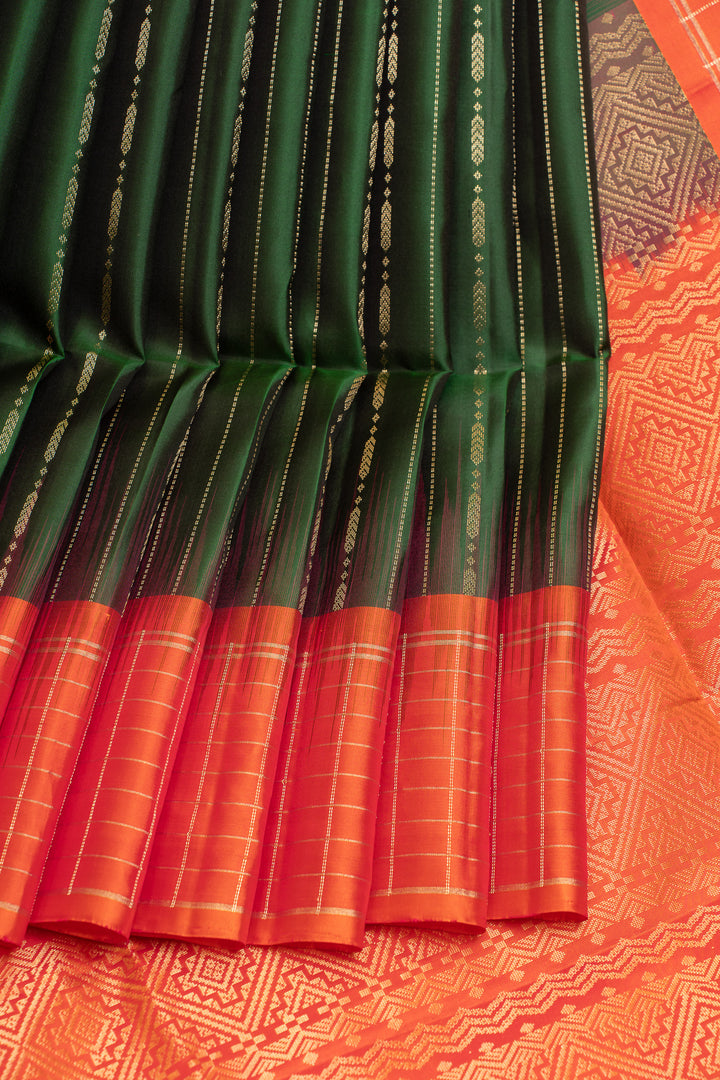 Bottle green and orange pure soft silk saree