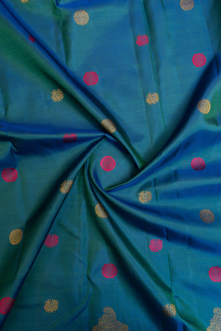 Peacock blue rettai pettu pure Kanchipuram silk saree