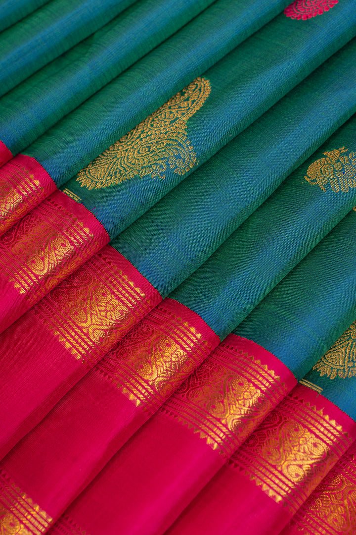 Peacock blue rettai pettu pure Kanchipuram silk saree