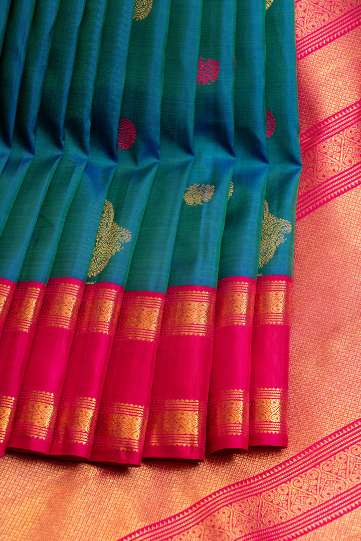 Peacock blue rettai pettu pure Kanchipuram silk saree