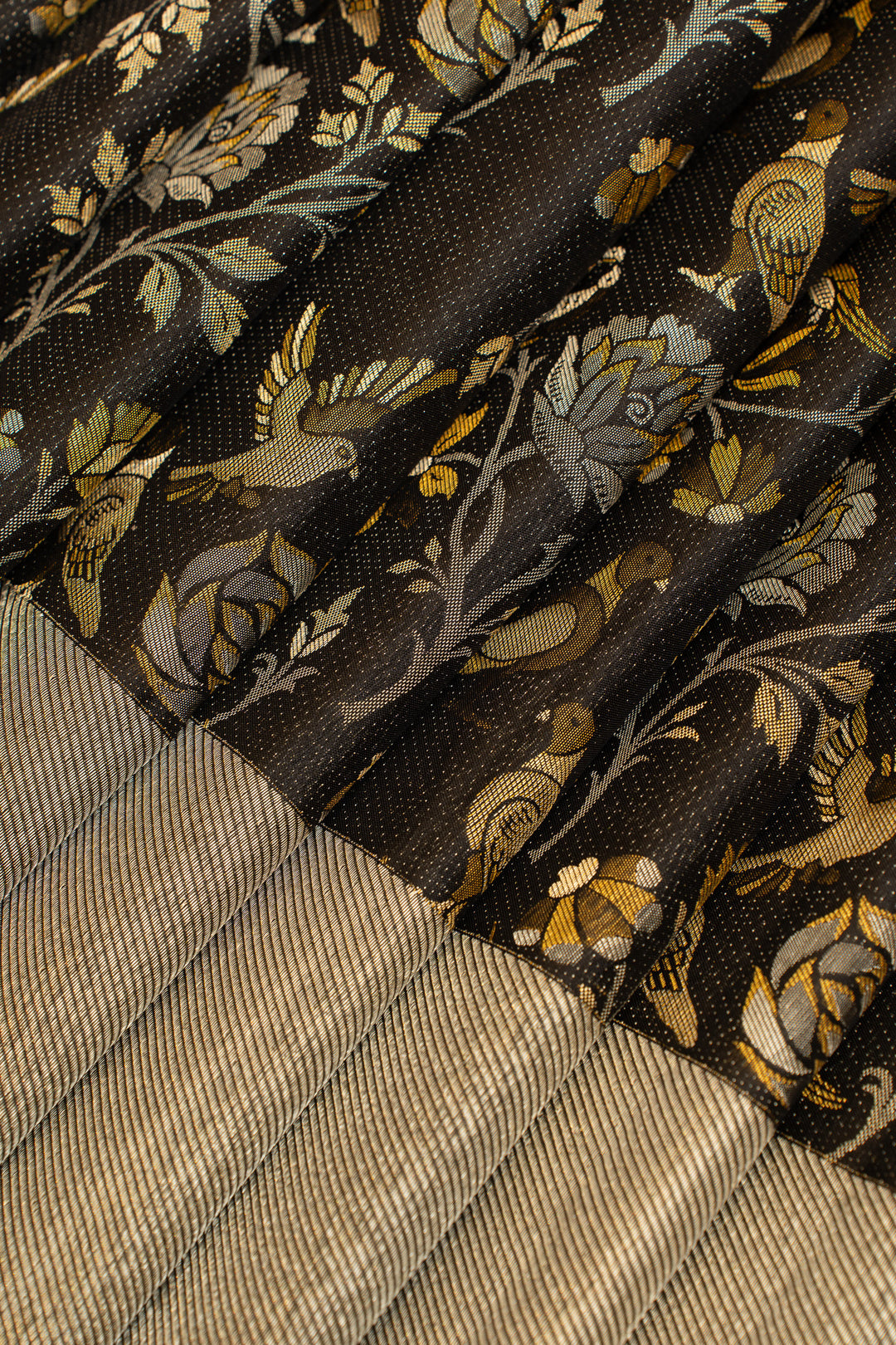 Black silver and gold floral brocade pure Kanchipuram silk saree
