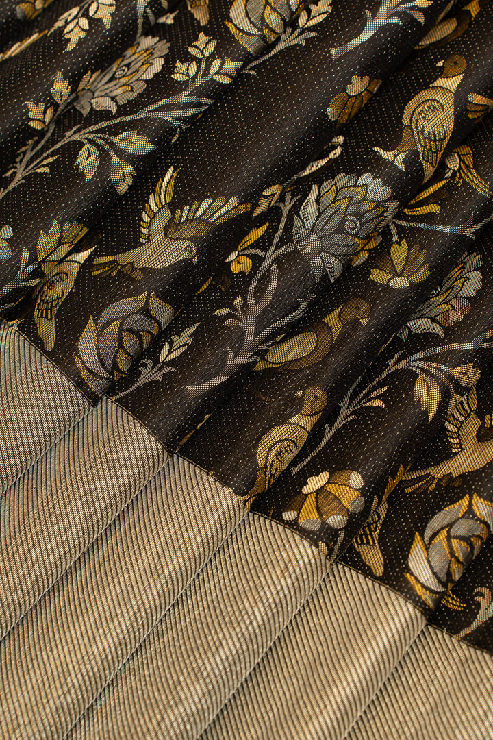 Black silver and gold floral brocade pure Kanchipuram silk saree