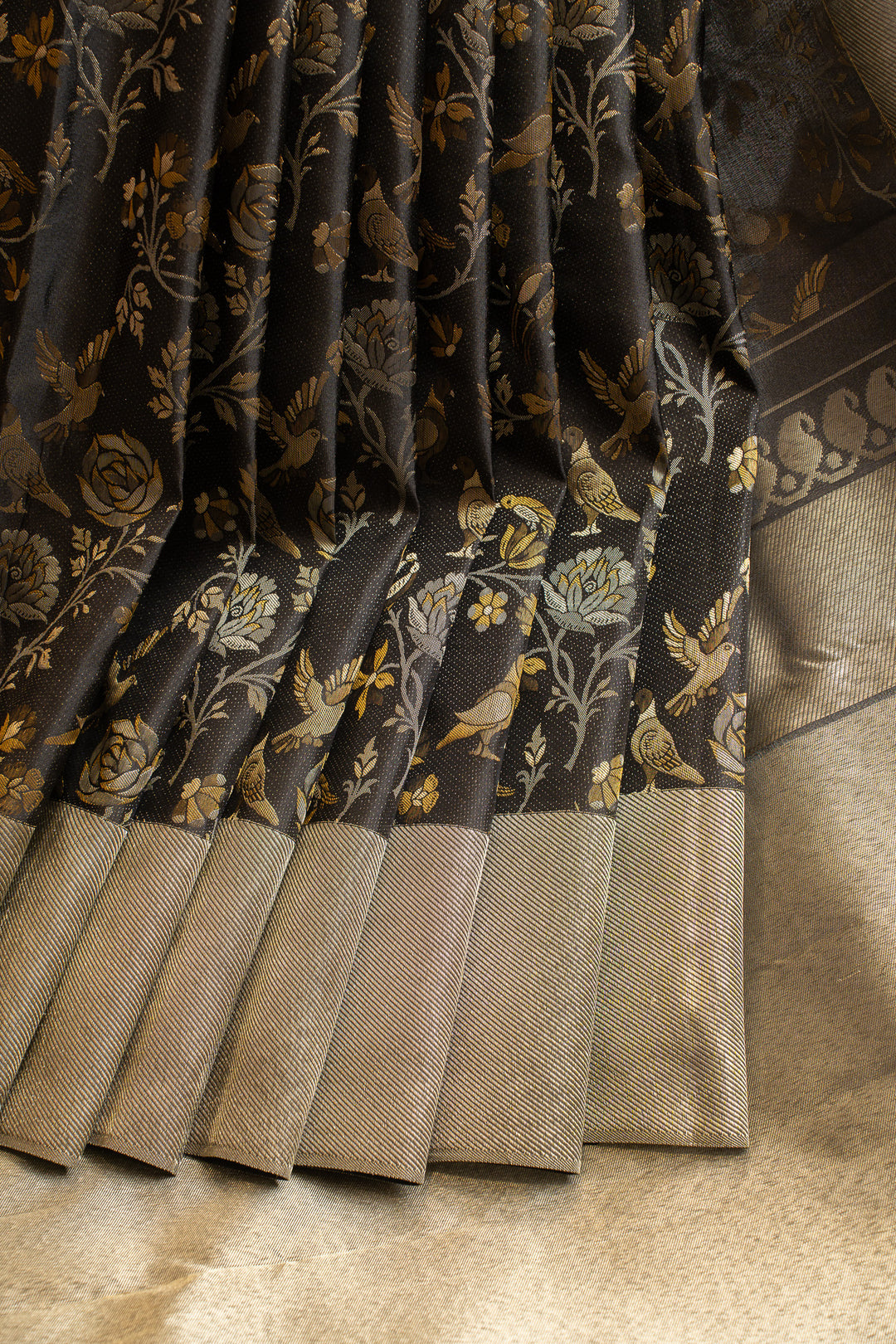 Black silver and gold floral brocade pure Kanchipuram silk saree
