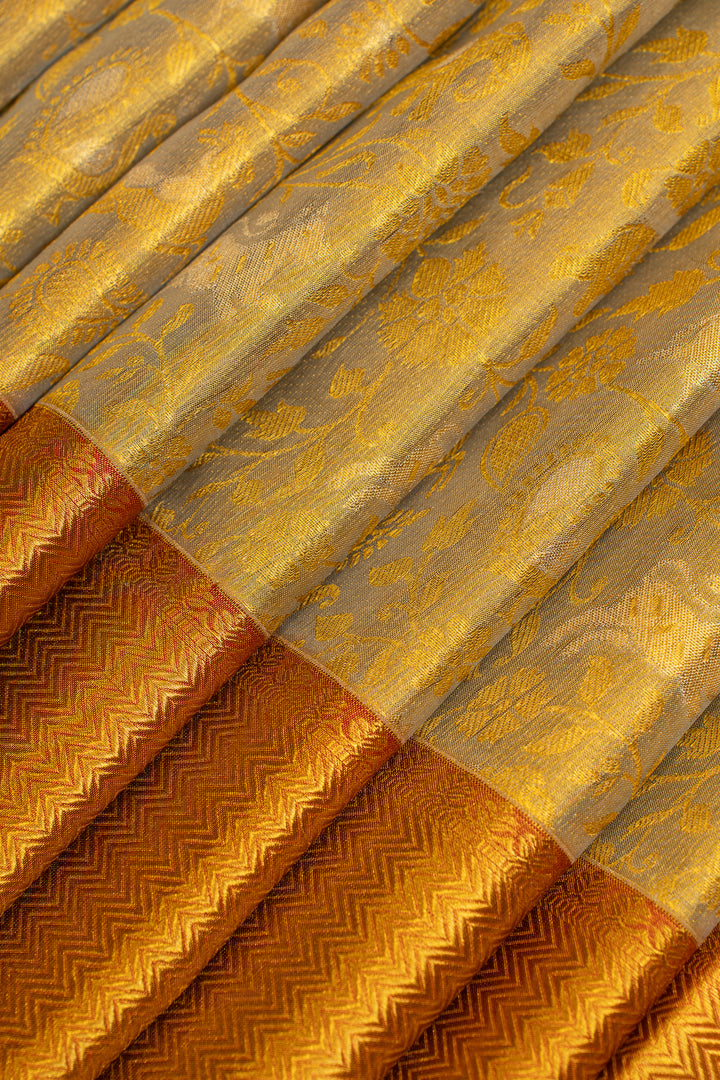 Silverish gold vanasingaram brocade pure  Kanchipuram silk saree