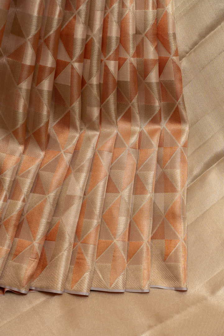 Peach pink geometric tissue brocade pure Kanchipuram silk saree