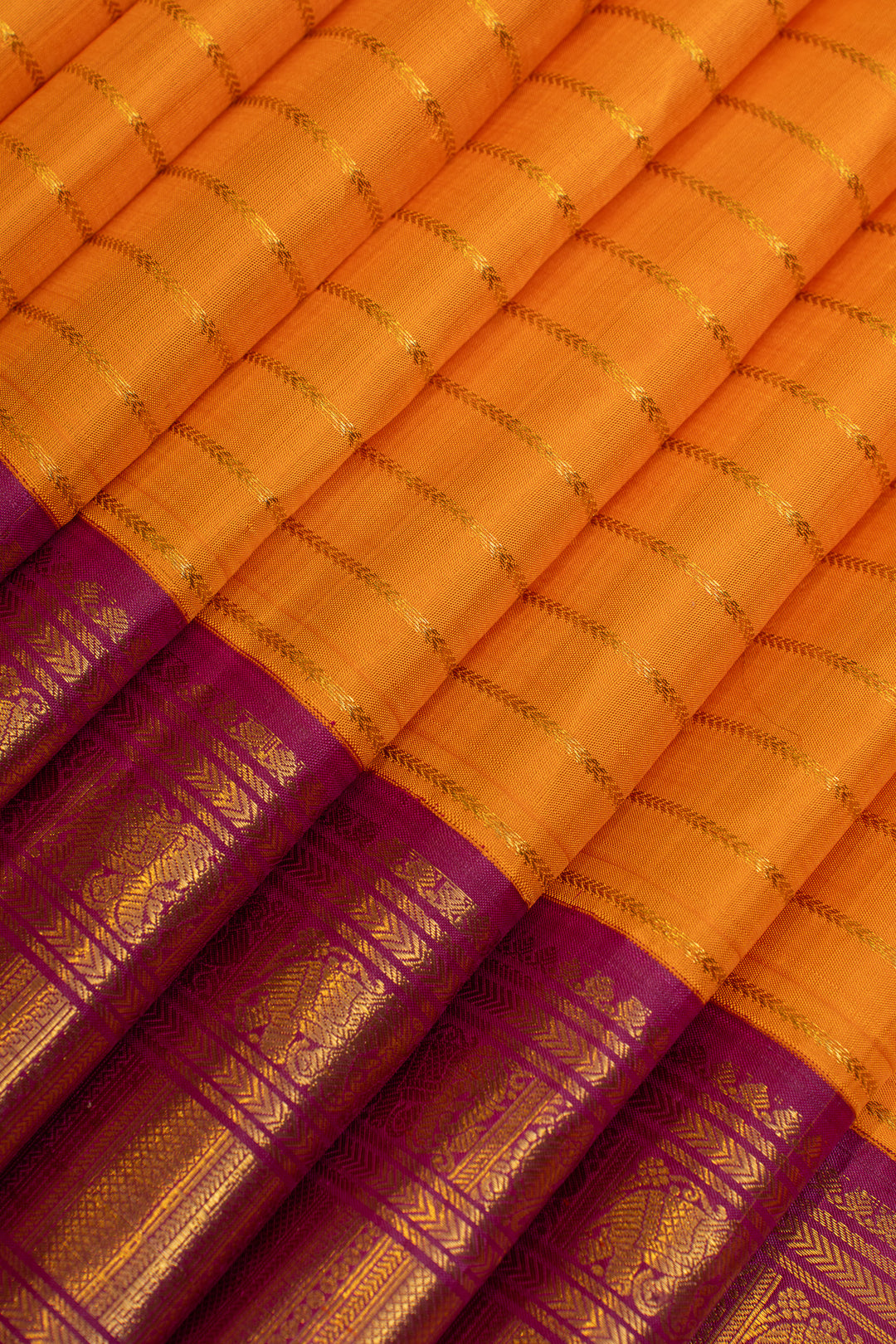 Orange vintage stripes pure Kanchipuram silk saree