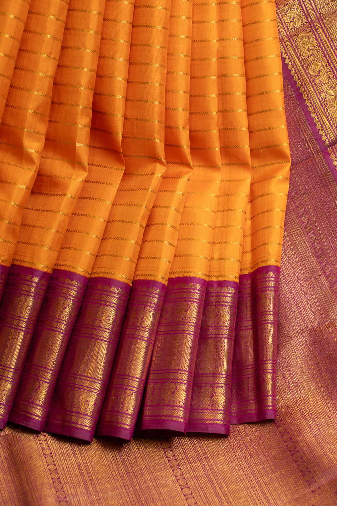 Orange vintage stripes pure Kanchipuram silk saree