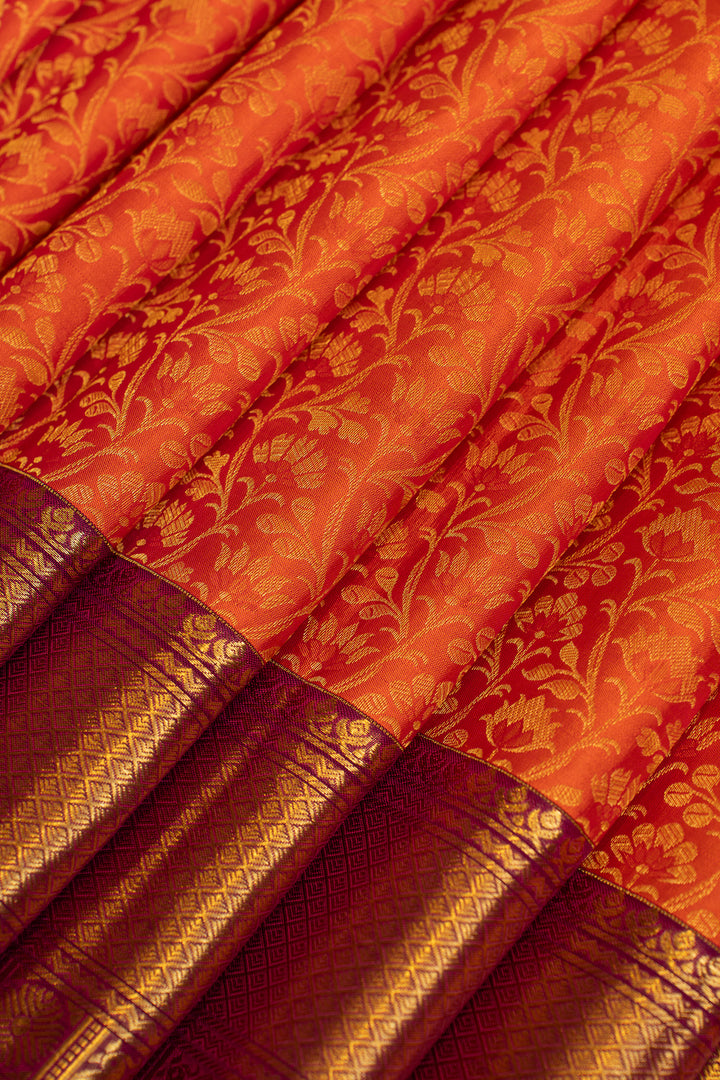 Orange and purple floral brocade pure Kanchipuram silk saree