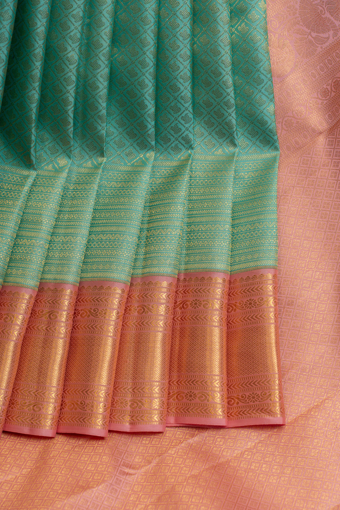 Turquoise blue and pink brocade pure Kanchipuram silk saree