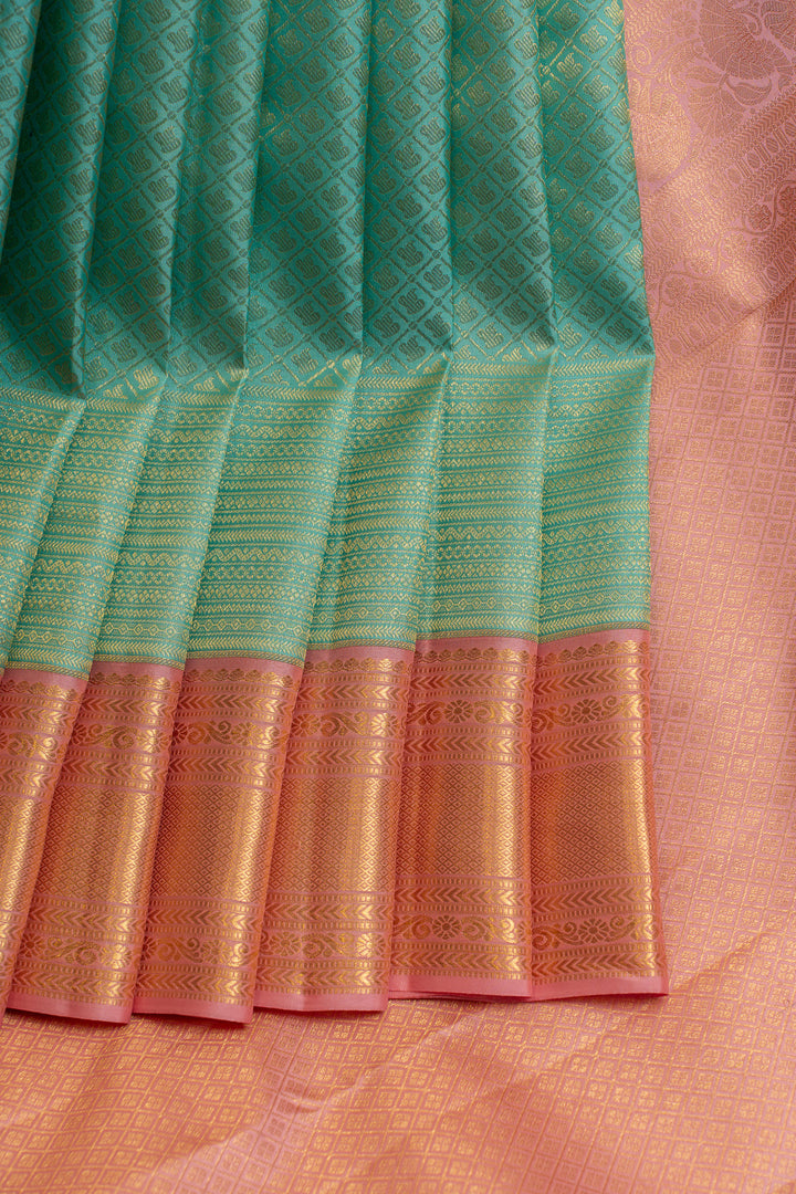 Turquoise blue and pink brocade pure Kanchipuram silk saree