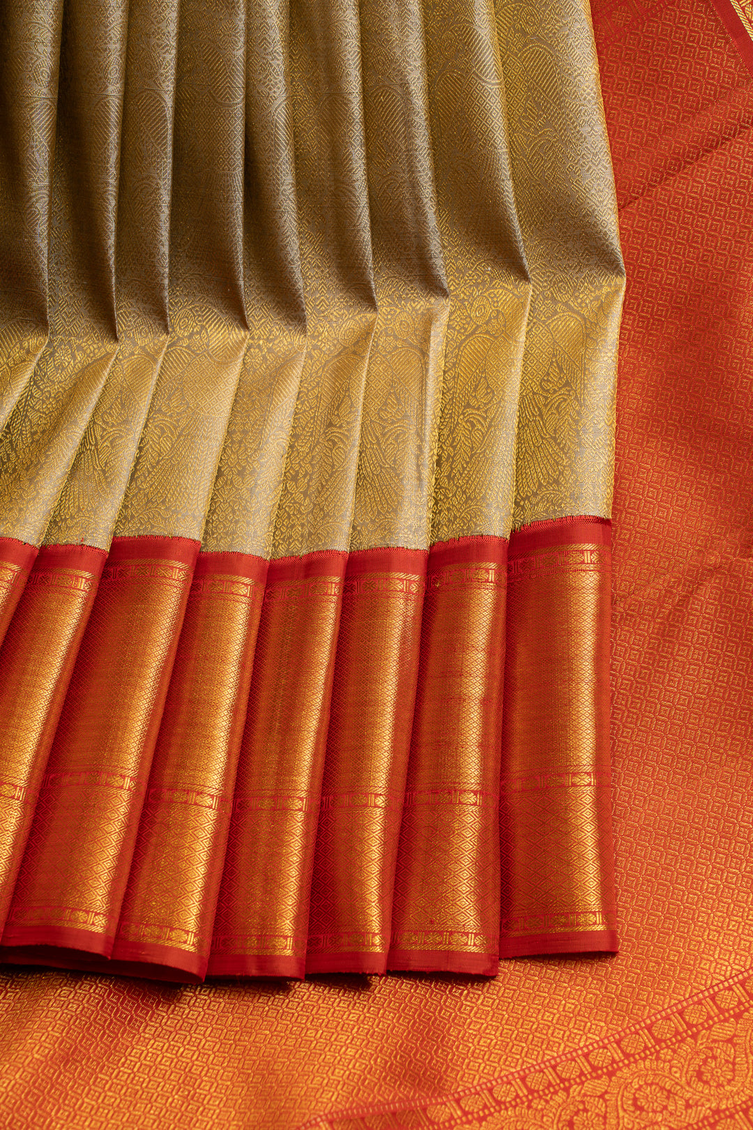 Silverish gold and red iruthalaipakshi brocade pure Kanchipuram silk saree