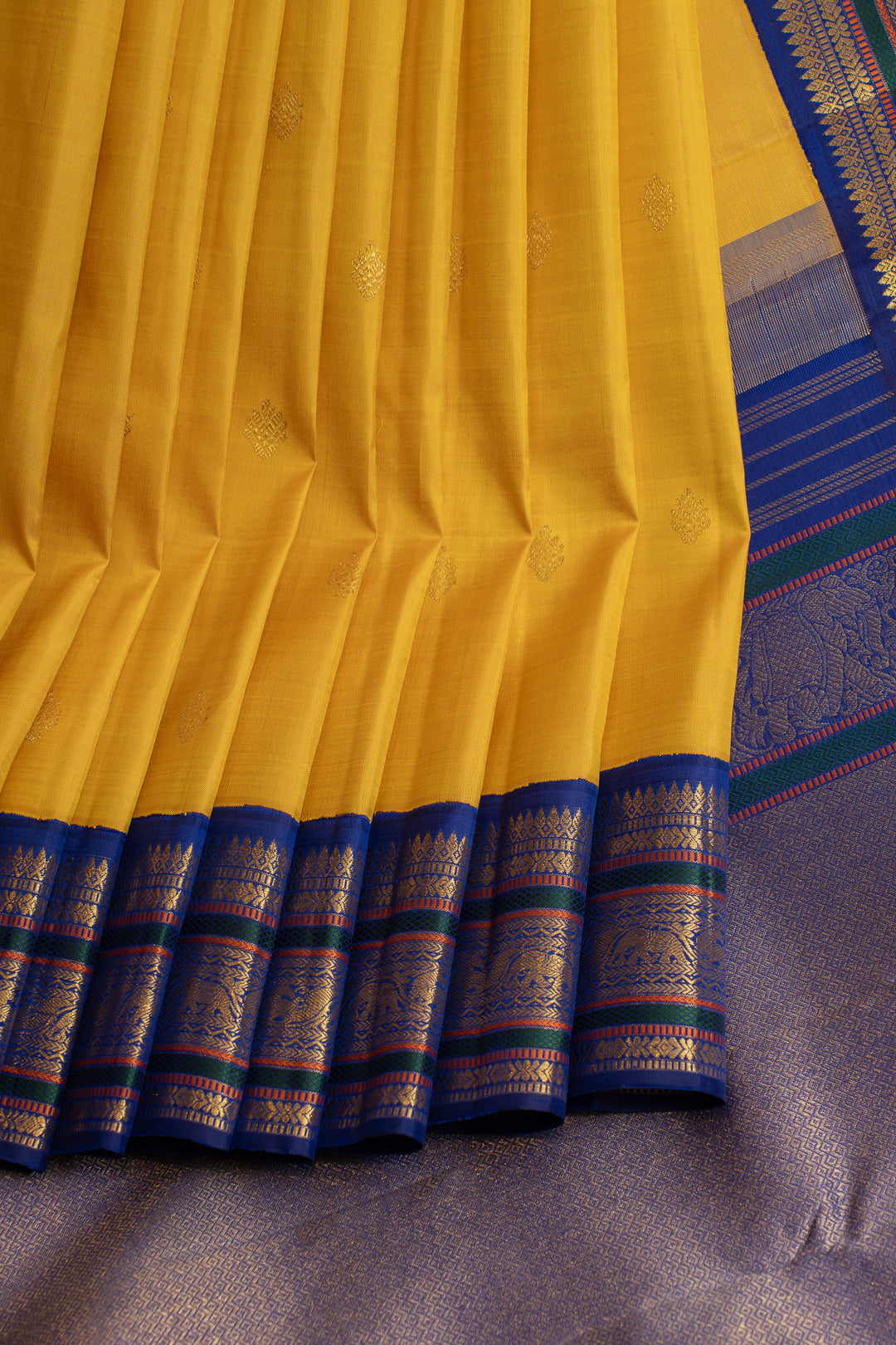 Yellow and MS blue pure Kanchipuram silk saree