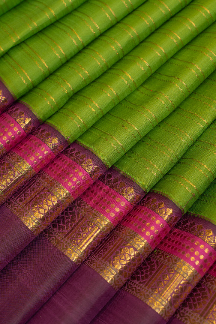 Green and purple stripes pure Kanchipuram silk saree