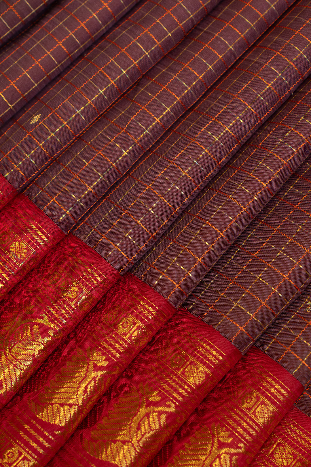 Beetlenut brown checks pure Kanchipuram silk saree