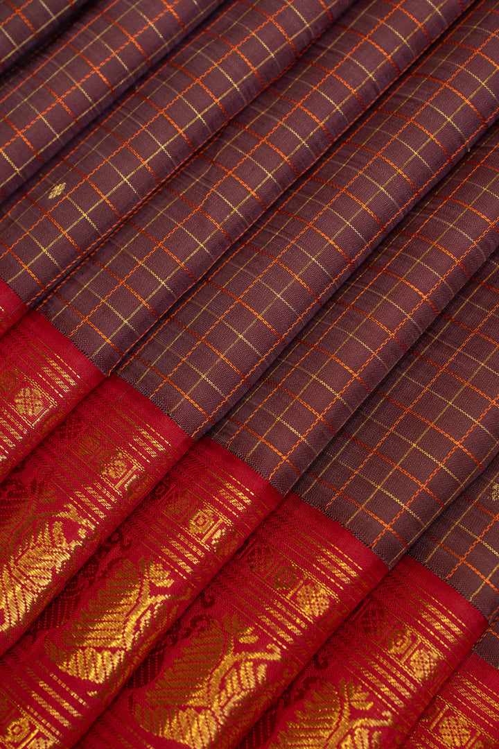 Beetlenut brown checks pure Kanchipuram silk saree